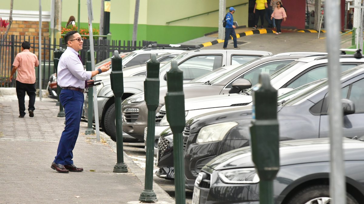 A lo largo de la calle Crotos, en la Alborada, se levantan algunos parquímetros.