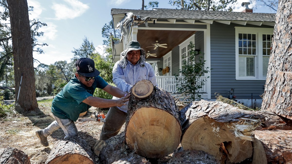 Ángel Sánchez (L) y Miguel García (R) cortaron un pino derribado que dañó una casa después de que el huracán Helene azotó Valdosta, Georgia, EE.UU., el 30 de septiembre de 2024.