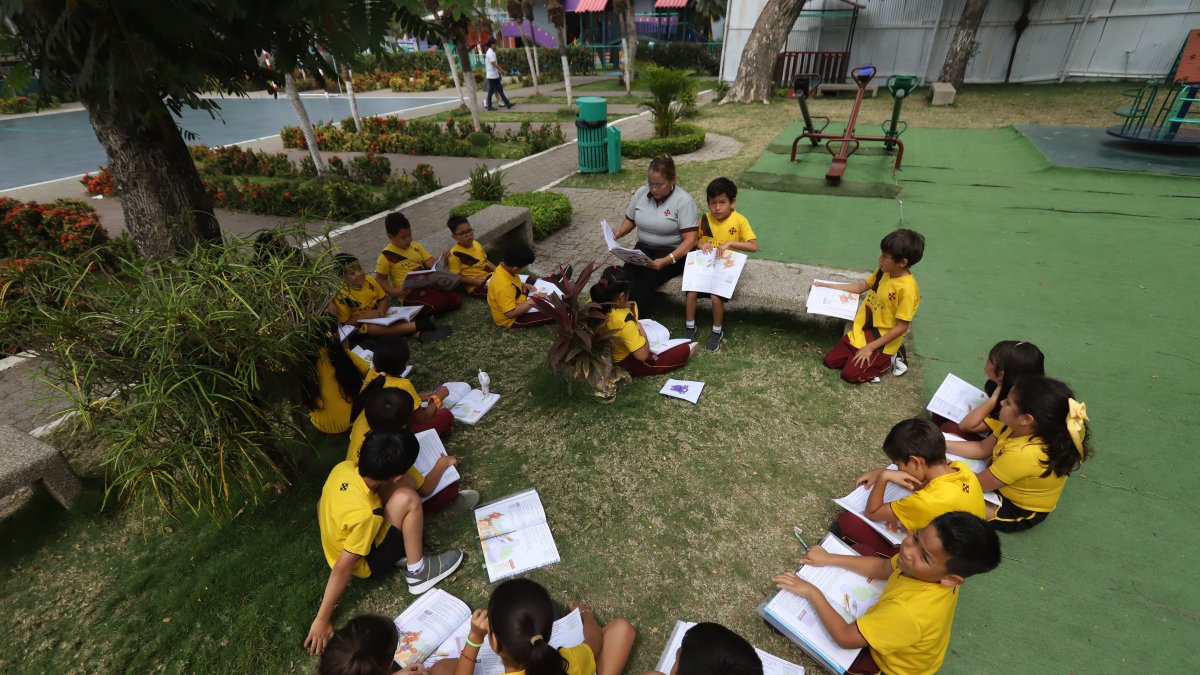 Los maestros y alumnos aprovechan el clima fresco del entorno natural en las primeras horas de la mañana, para recibir clases de distintas asignaturas mientras no hay luz.