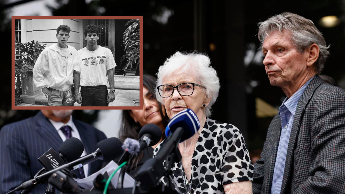 La hermana de Kitty Menéndez, Joan Andersen Vandermolen (2R), acompañada por otros familiares de Erik y Lyle Menéndez, habla durante una conferencia de prensa para pedir su liberación.