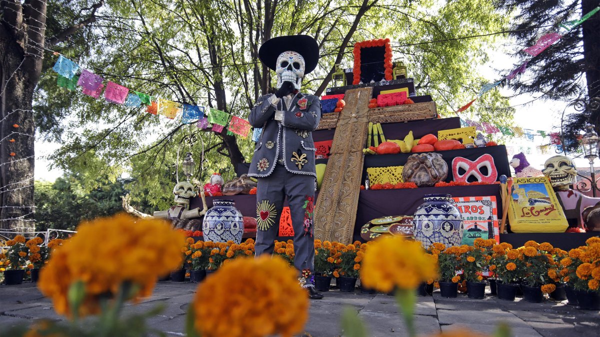Fotografía del 19 de octubre de 2024 de un hombre disfrazado de catrín frente a una mega ofrenda de Día de Muertos, en la antigua Hacienda San Mateo del municipio de Atlixco (México).