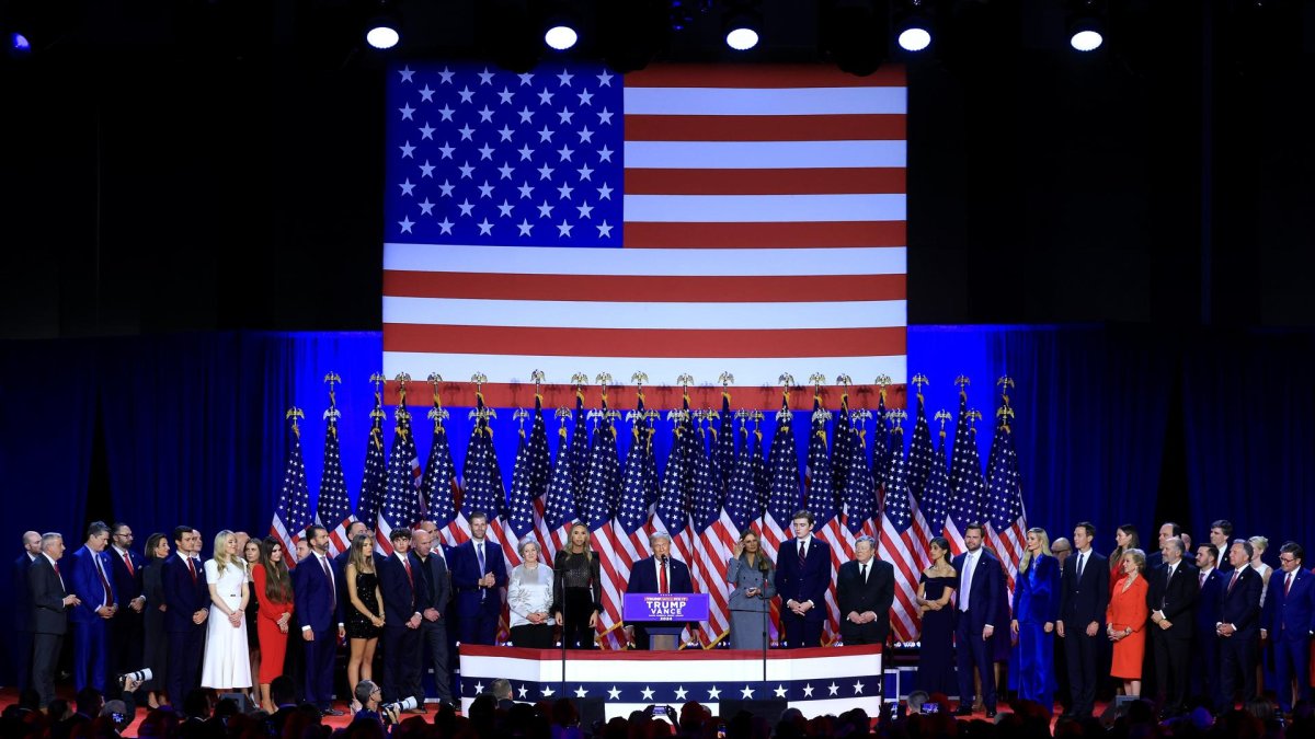 El candidato presidencial por el partido republicano, Donald Trump, se proclama vencedor de las elecciones ante sus seguidores en el centro de Convenciones de Palm Beach en Florida, Estados Unidos.