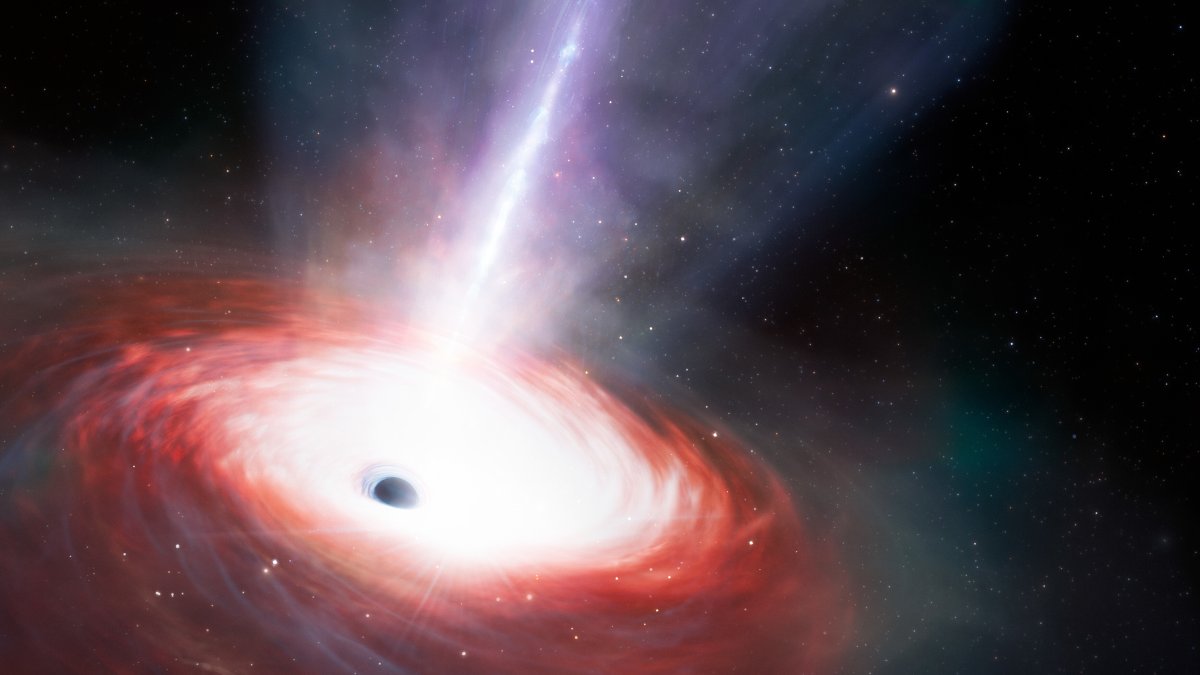 Esta ilustración artística muestra un agujero negro que se alimenta rápidamente y que emite potentes flujos de gas, recreando  el hallazgo.
