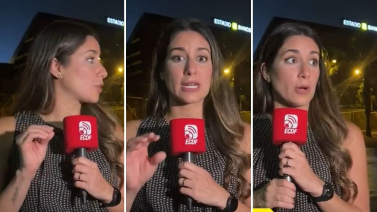 La periodista se observa nerviosa durante toda la transmisión en las afueras del estadio de Barcelona SC.