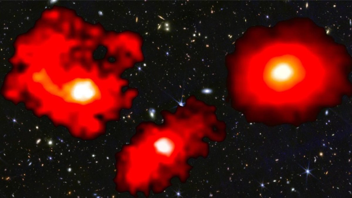 Los tres monstruos rojos son galaxias extremadamente masivas y polvorientas en los primeros mil millones de años posteriores al Big Bang. 