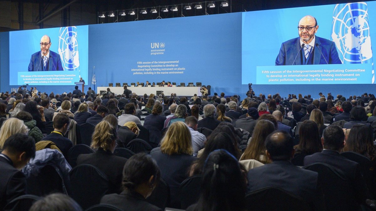 Luis Vayas Valdivieso, habla durante la apertura de la quinta sesión del Comité Intergubernamental de Negociación sobre la Contaminación Plástica de las ONU, en Busan el 25 de noviembre de 2024.