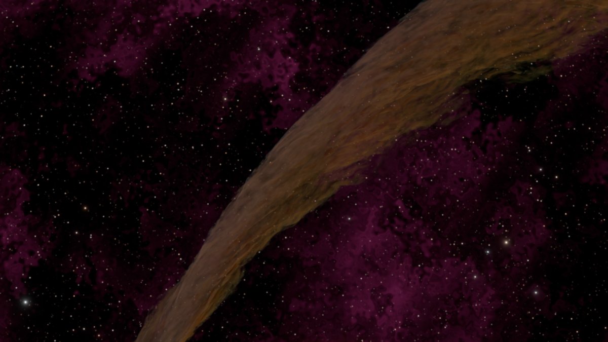 Representación artística del sistema que muestra la estrella anfitriona, el planeta en tránsito, el disco de transición desalineado y la compañera binaria ancha (al fondo). 