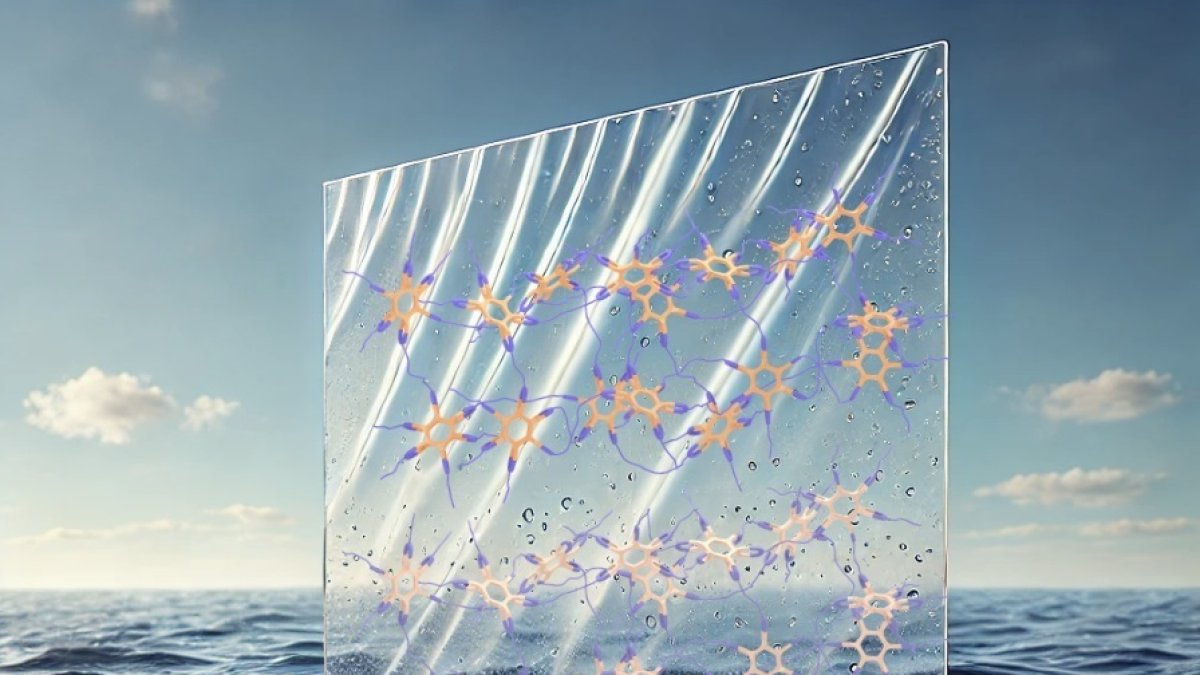 Representación artística del nuevo plástico. Los puentes de sal reticulados visibles en el plástico fuera del agua de mar le dan su estructura y resistencia.