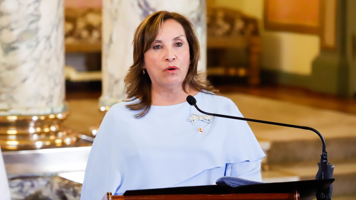 La presidenta de Perú, Dina Boluarte durante un acto diplomático en el salón Dorado del Palacio de Gobierno en Lima (Perú).