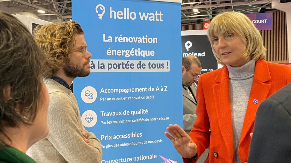 Compañía. Personas al pie de un letrero de la empresa Hello Watt.