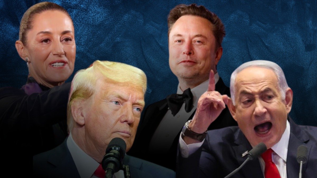 La presidenta de Mexico Claudia Sheinbaum, el consejero delegado de Tesla, Elon Musk, el primer ministro israelí, Benjamín Netanyahu y el presidente electo de EE.UU., Donald Trump.
