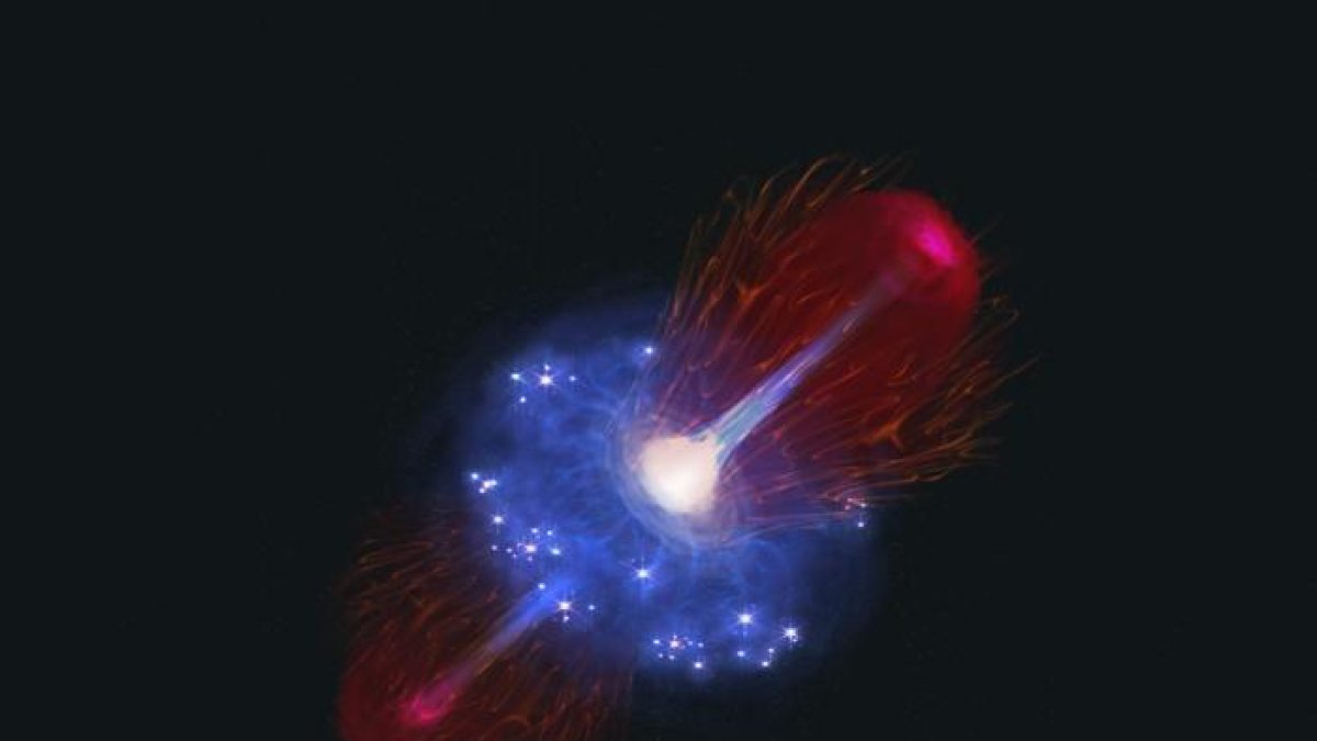 Representación artística de un agujero negro durante uno de sus cortos periodos de rápido crecimiento. 