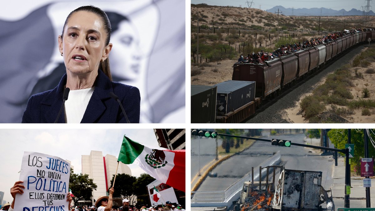 Combo de fotografías de archivo de izquierda-arriba, la presidenta de México, Claudia Sheinbaum; migrantes viajando en el techo de un tren