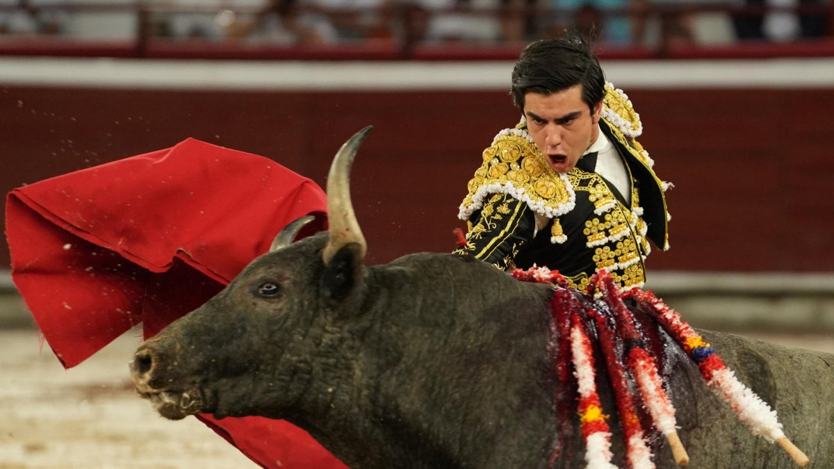 El torero venezolano Jesús Enrique Colombo lidia al toro Duende de la ganadería Campo Real, este lunes durante la Feria de Cali, en Cali (Colombia).