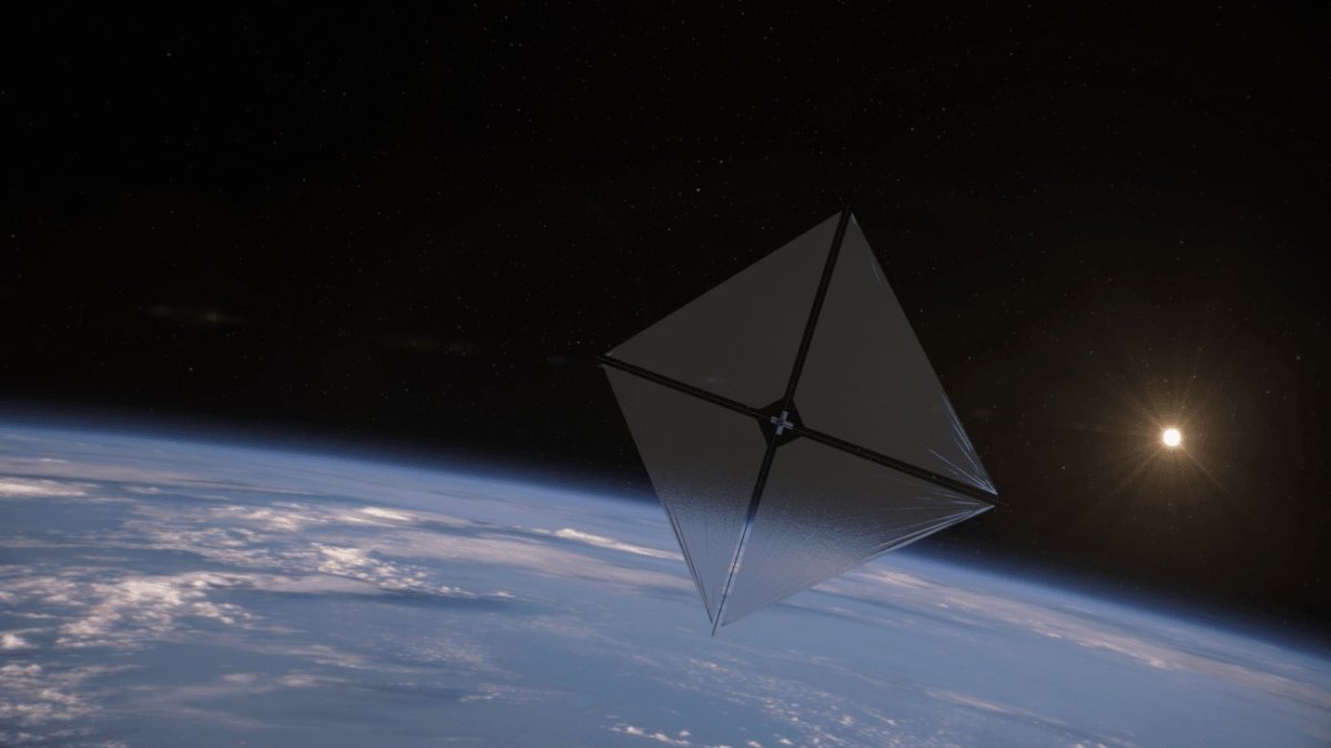 Recreación artística que muestra la nave espacial Advanced Composite Solar Sail System navegando en el espacio, para lo que utiliza la energía del Sol.