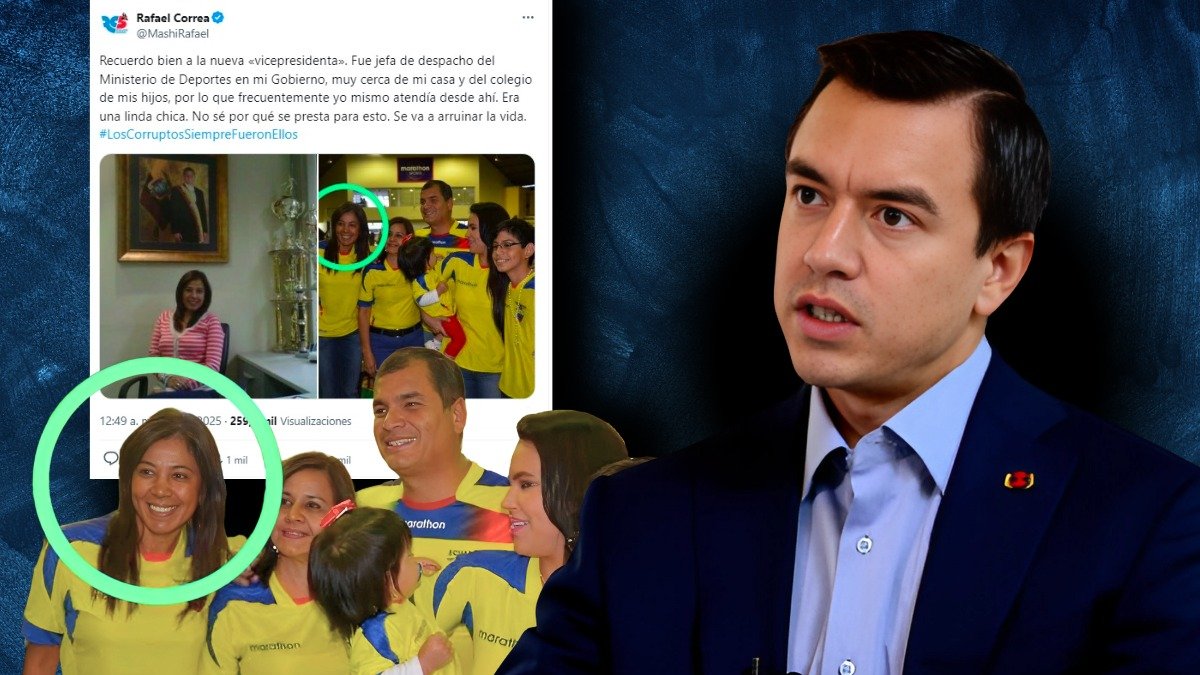 Composición gráfica relacionada con la presidenta encargada, Cynthia Gellibert; el presidente Daniel Noboa y el expresidente Rafael Correa.