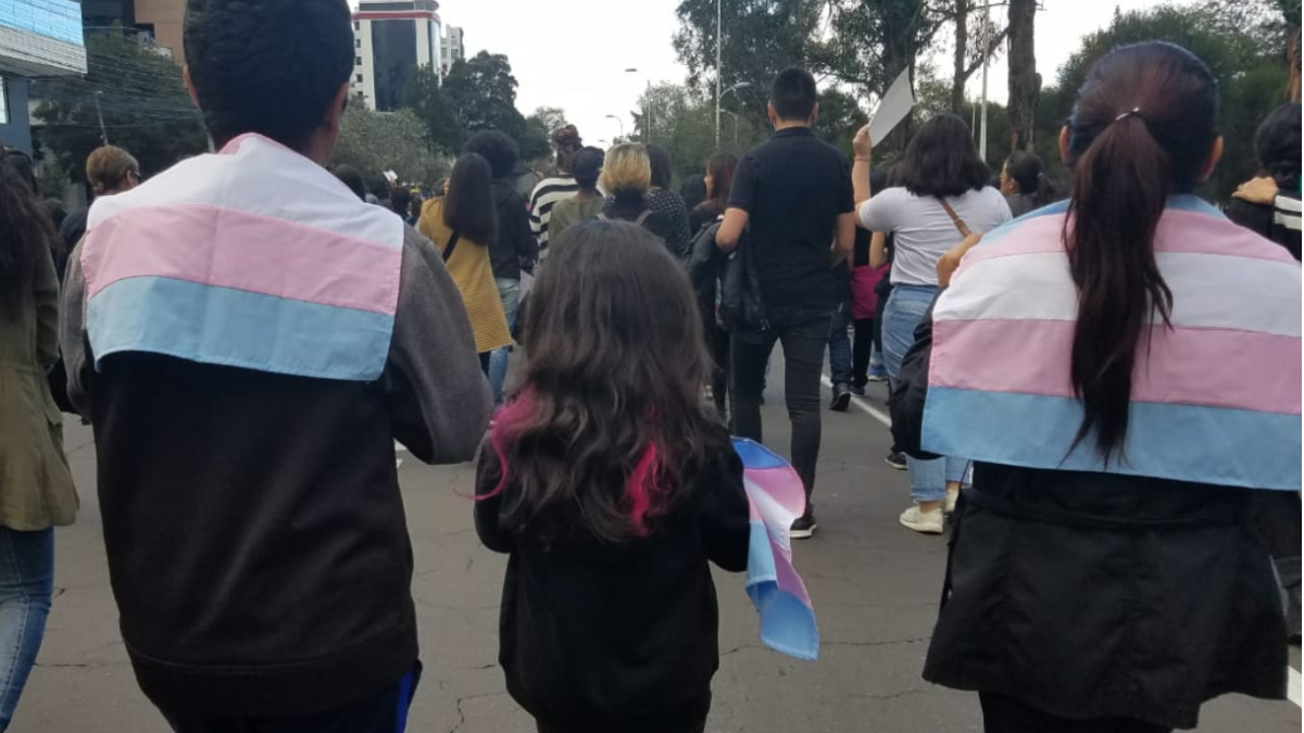 En 2019, la familia de Amada, niña trans, en una marcha, con la bandera con los colores celeste, que caracterizan a niños; rosado, a las niñas; y blanco, a quienes transicionan de un género a otro.