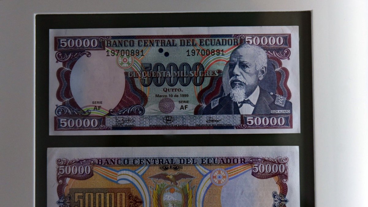 Billete de 50.000 sucres expuesto en el Museo de la Moneda del Banco Central.
