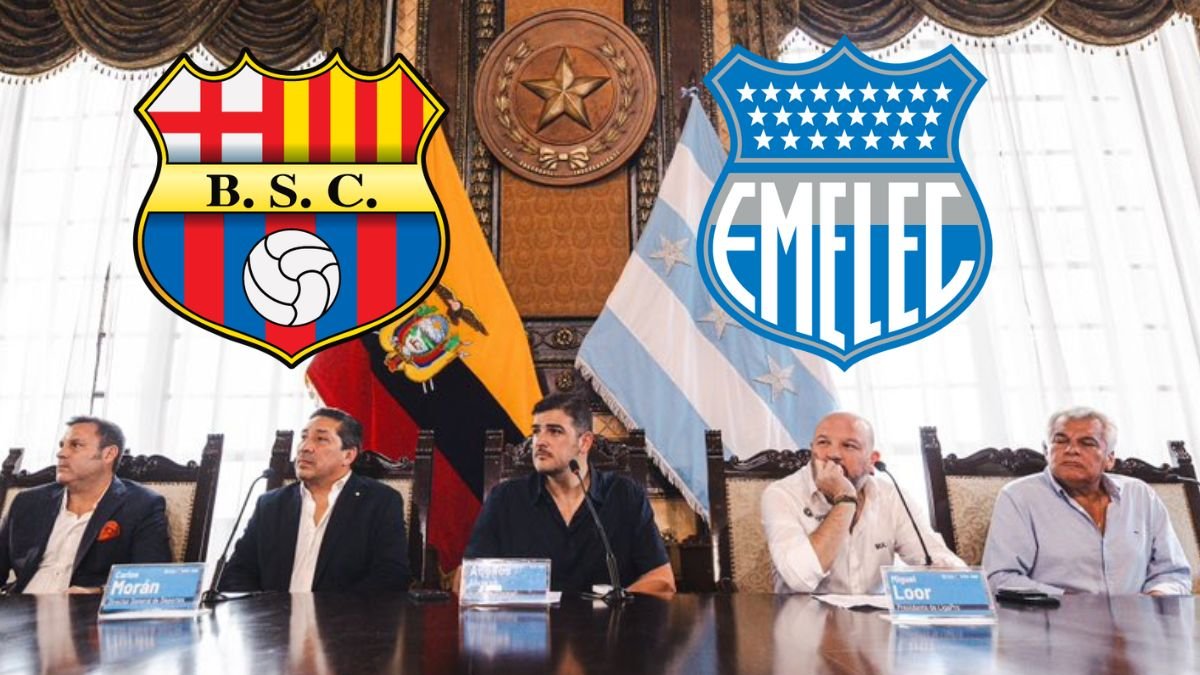 José Nogales de Barcelona, Carlos Morán, director de Deportes de la Alcaldía, Aquiles Álvarez, alcalde de Guayaquil, César Avilés de Emelec y Miguel Ángel Loor de LigaPro.
