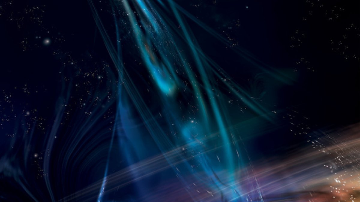 En esta representación artística una corriente de materia sigue a una enana blanca que orbita en el interior del disco de acreción que rodea al agujero negro supermasivo.