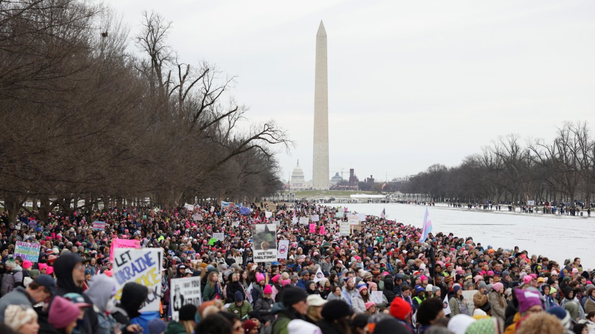 Participantes de la Marcha del Pueblo, una manifestación de oposición a la administración entrante de Trump.