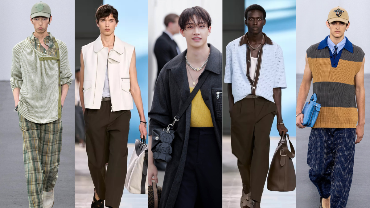 Atuendos masculinos en las pasarelas de Fendi y Hermes Verano 2025.
