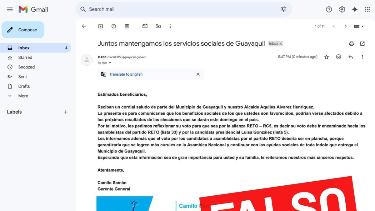 El correo, calificado como fraudulento, invita a votar por cierta candidata a la presidencia.