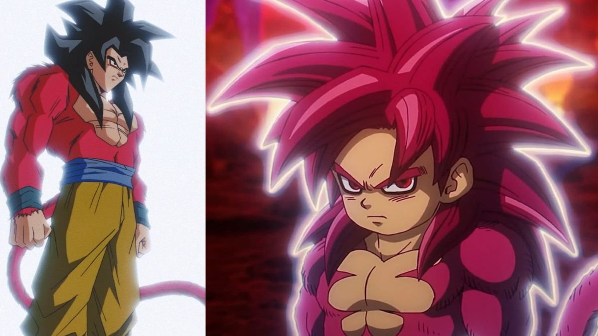 Diseños del Súper Saiyajin 4. A la izquierda, Dragon Ball GT; a la dereche, Dragon Ball Daima.