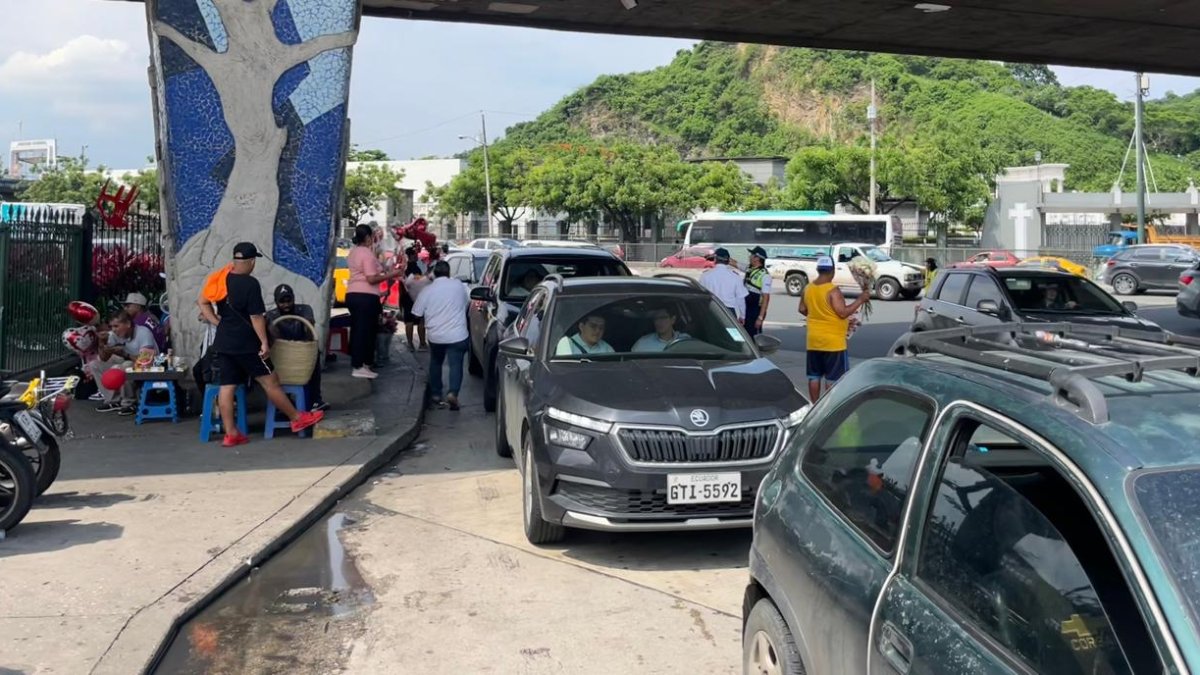 Fila de autos para entrar al mercado.