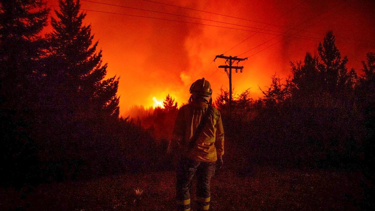 Fotografía cedida por Greenpeace de un bombero observando un incendio en Río Negro (Argentina).