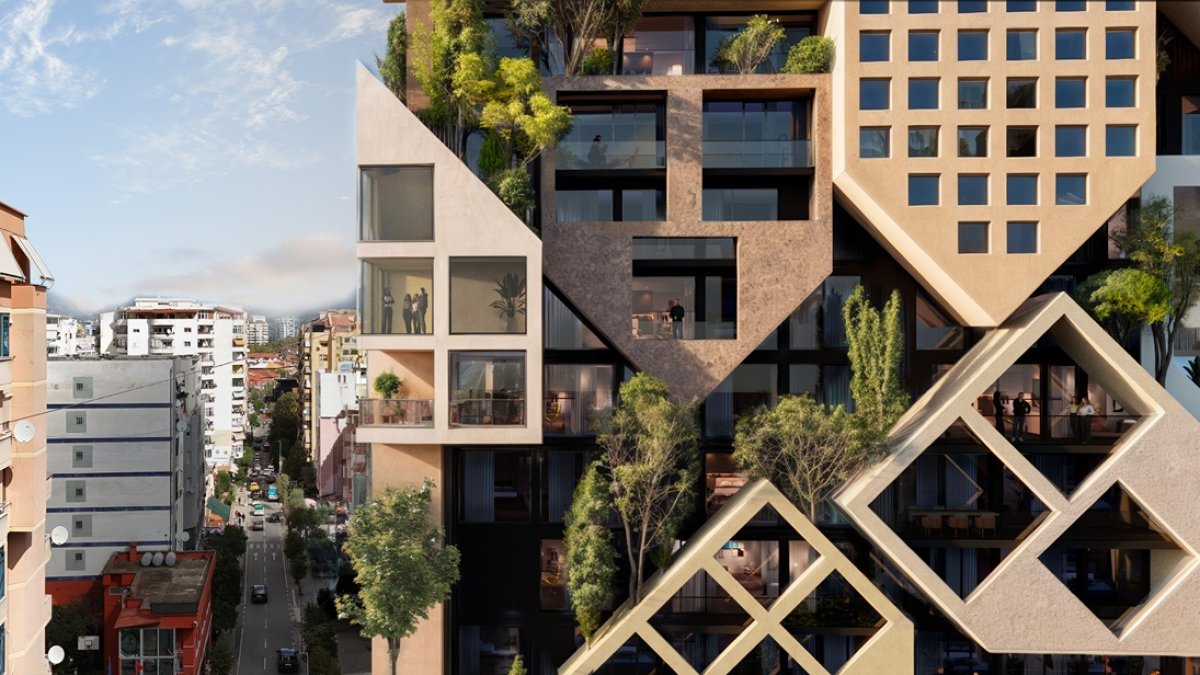 Torre Puzzle Tirana: varios módulos en una de las fachadas.