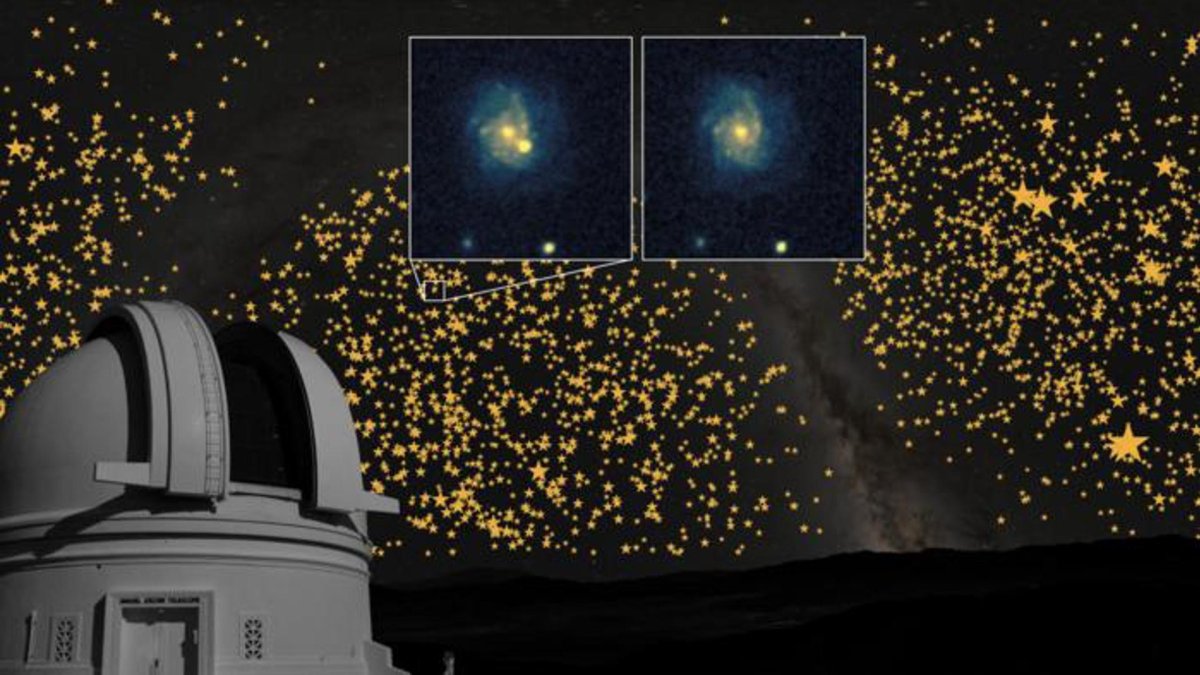 El telescopio Palomar de 48 pulgadas, en el Observatorio Palomar de California, con una imagen de la Vía Láctea al fondo.