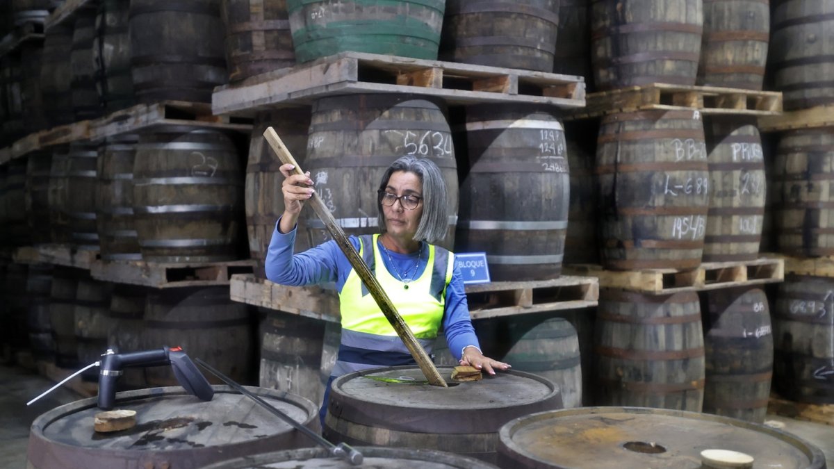 Una especialista en la calidad del ron inspeccionando barriles de añejamiento, en la destilería cubano-francesa Havana Club en San José (Cuba).