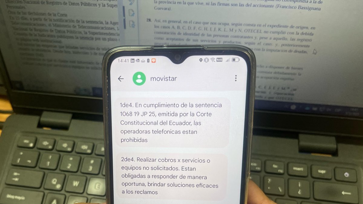 El mensaje que está llegando por SMS informando sobre la sentencia de la Corte Constitucional del Ecuador.