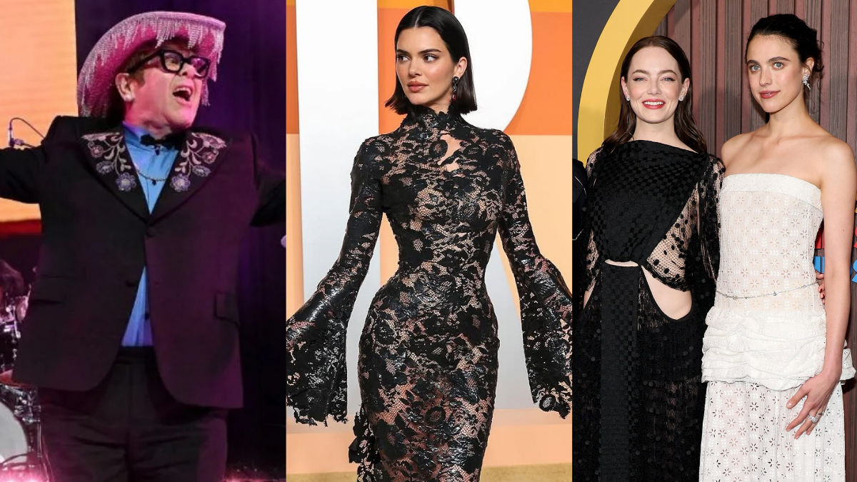 Elton John, Kendall Jenner y Emma Stone junto a Margaret Qualley.