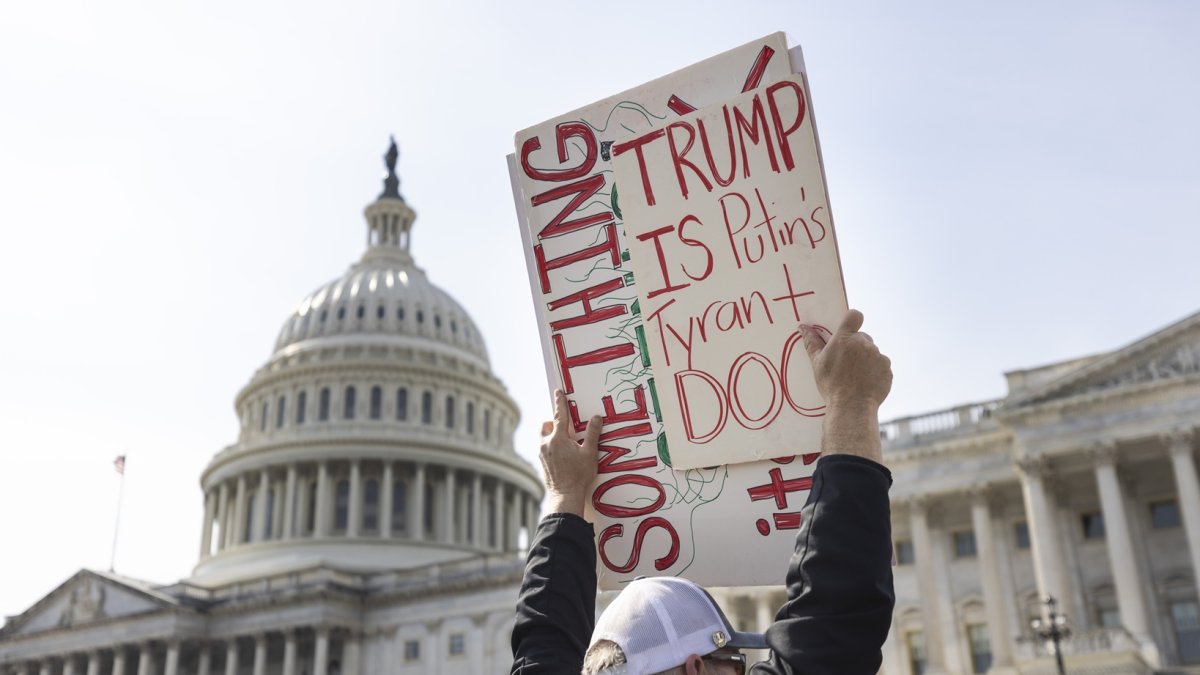 Un manifestante contra el presidente estadounidense Donald Trump y el representante de DOGE Elon Musk agita un cartel afuera del Capitolio, el 4 de marzo de 2025.
