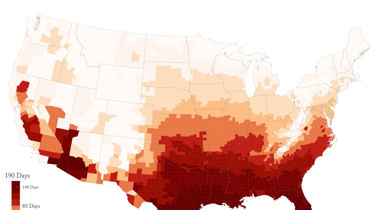 Número de días de calor en 'Extrema Precaución' + (≥32°F) en todo Estados Unidos. El calor se mide utilizando el Índice de Calor. Los datos representan la media anual de 2010 a 2016. Crédito: 