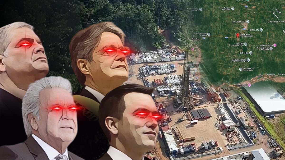 Gobernantes que han buscado concesionar el Campo Sacha, la 'joya de la corona' del sectpr petrolero del Ecuador: Rafael Correa, Lenín Moreno, Guillermo Lasso y Daniel Noboa.