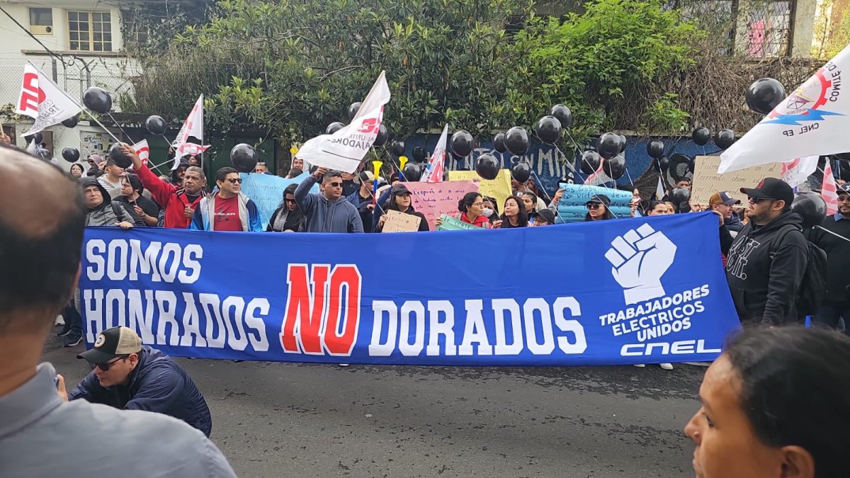 El Sindicato de trabajadores de CNEL realiza una protesta, tras el fallo de la Corte Constitucional.