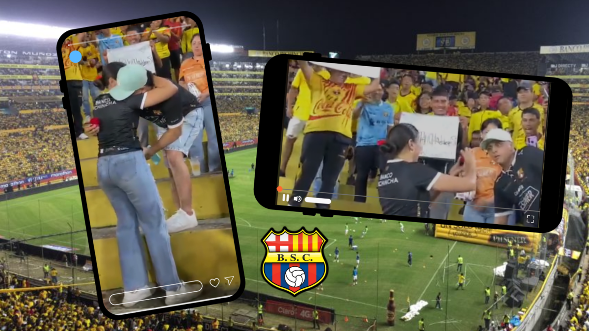 Pedida de mano de una mujer a su novio en el Barcelona SC vs. Independiente del Valle.