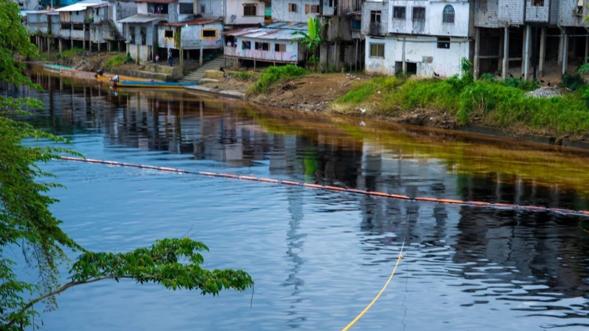 Un manto negro cubre el río Viche, uno de los más afectados por el derrame de petróleo y que desemboca en el río Esmeraldas.
