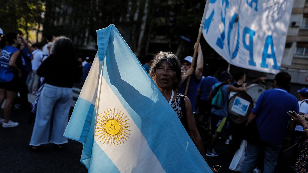 Una mujer sostiene una bandera durante una manifestación, frente al Congreso en Buenos Aires (Argentina).