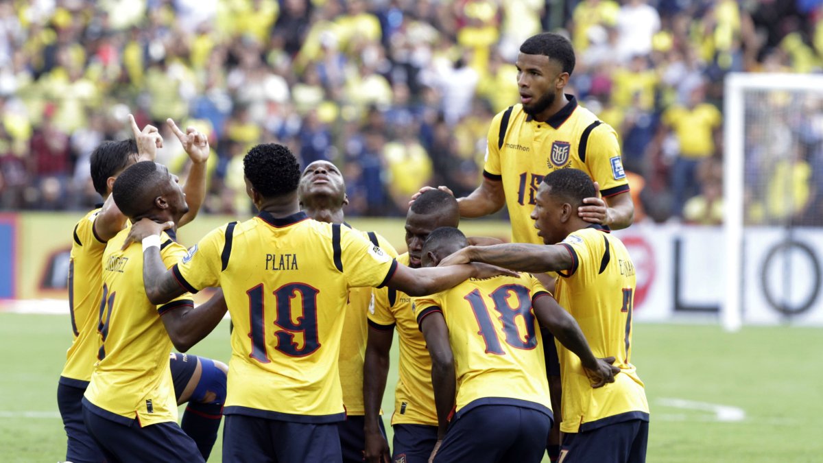Futbolistas de la selección ecuatoriana celebran un gol de Enner Valencia en la victoria 2-1 sobre Venezuela, por la fecha 13 de las eliminatorias.
