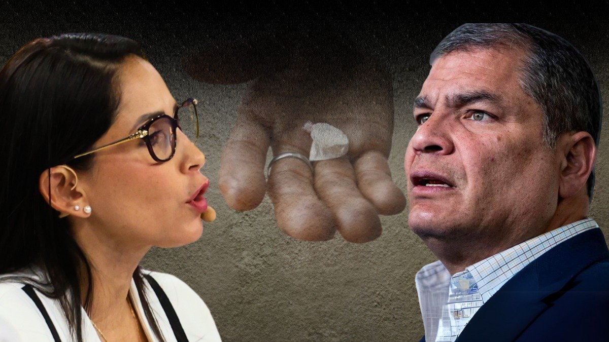 Fotomontaje para graficar este artículos sobre la candidata presidencial Luisa González y su líder Rafael Correa, en torno a un tema delicado para sus intereses políticos.