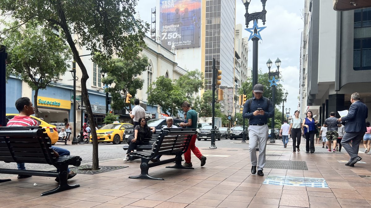Centro. Es característico encontrar en el Bulevar Nueve de Octubre bancas para que las personas puedan descansar y contemplar el espacio público e histórico de Guayaquil.