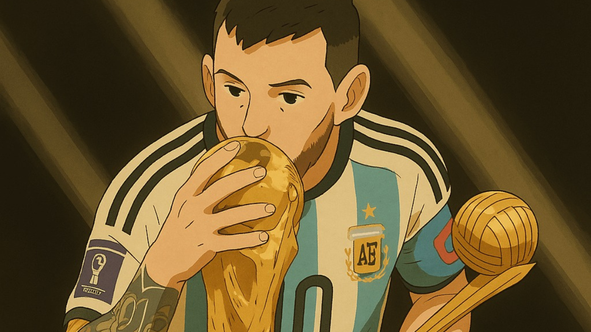 Lionel Messi recreado al estilo Ghibli con IA, celebrando su victoria en la Copa del Mundo 2022.