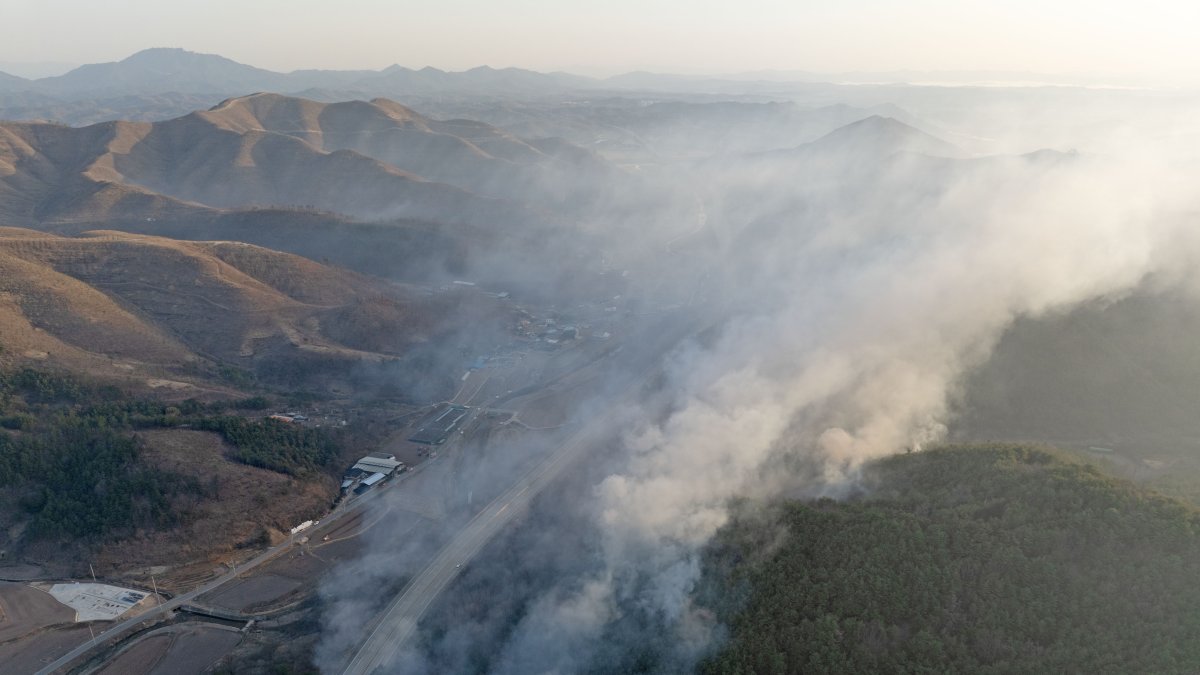 El humo se eleva desde un incendio forestal en una montaña en Andong, provincia de Gyeongsang del Norte, Corea del Sur.