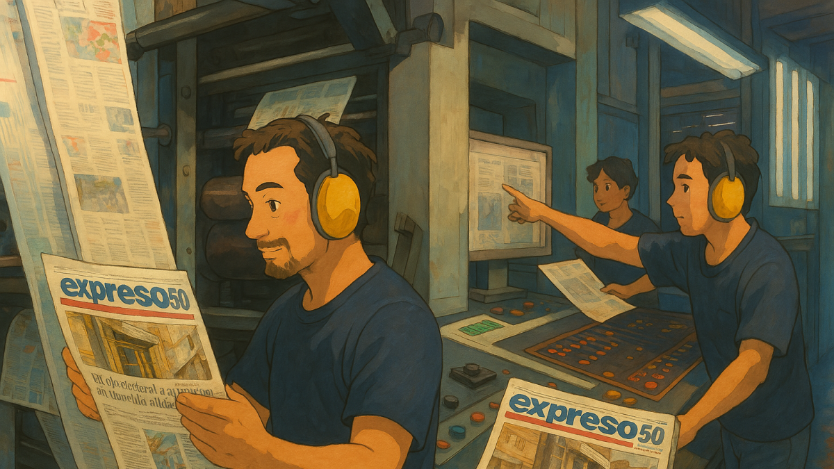 Imagen estilo Studio Ghibli generada con ChatGPT de personal en la rotativa de EXPRESO.