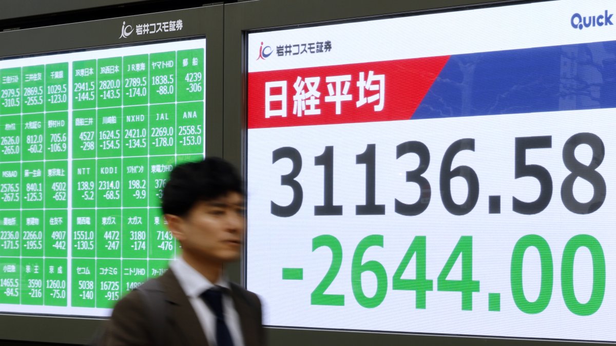 Un hombre camina junto al indicador (el Nikkei) de la Bolsa de Tokio, Japón el
 lunes 7 de abril de 2025.