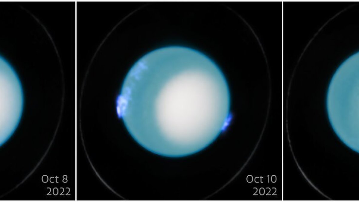 Tres imágenes del telescopio espacial Hubble de la NASA/ESA de la aurora dinámica en Urano en octubre de 2022. Fotografía facilitada por